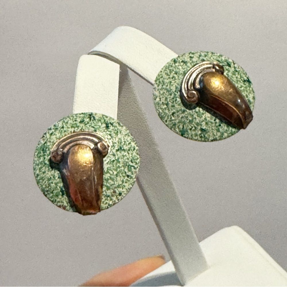 Vintage green enamel on copper circular clip on earrings art deco style